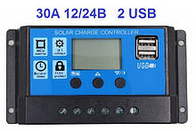 30А - 30А 12/24В Контролер заряду сонячних батарей (модулів) ШІМ (PWM) з Дисплеєм + 2USB Контролер заряду