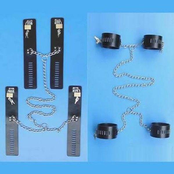 Кайдани для фіксації рук і ніг з'єднані ланцюгом чорні шкіряні Bdsm4u Кайф, фото 1