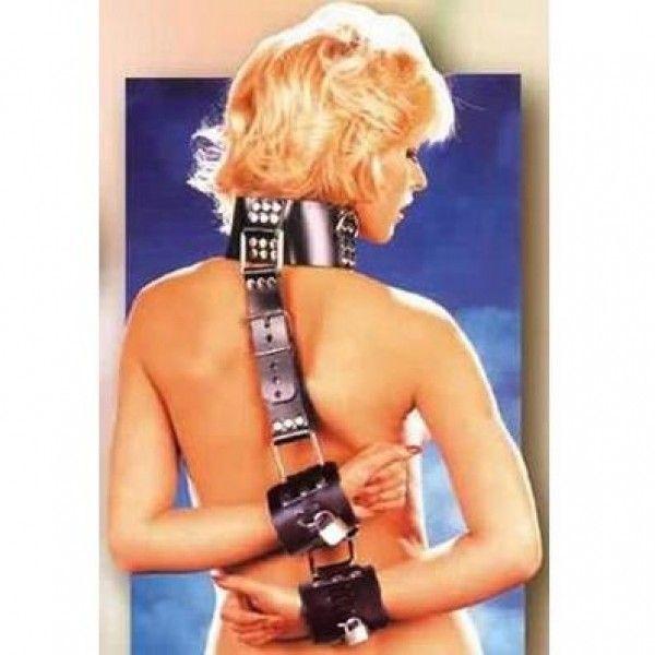 Бондаж для фіксації рук ззаду з кріпленням до нашийника шкіряний чорний Bdsm4u Кайф, фото 1