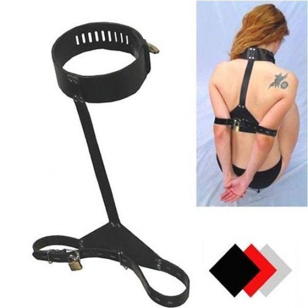 Бондаж для фісації рук за спиною з кріпленням до нашийника шкіряний чорний Bdsm4u Кайф, фото 1
