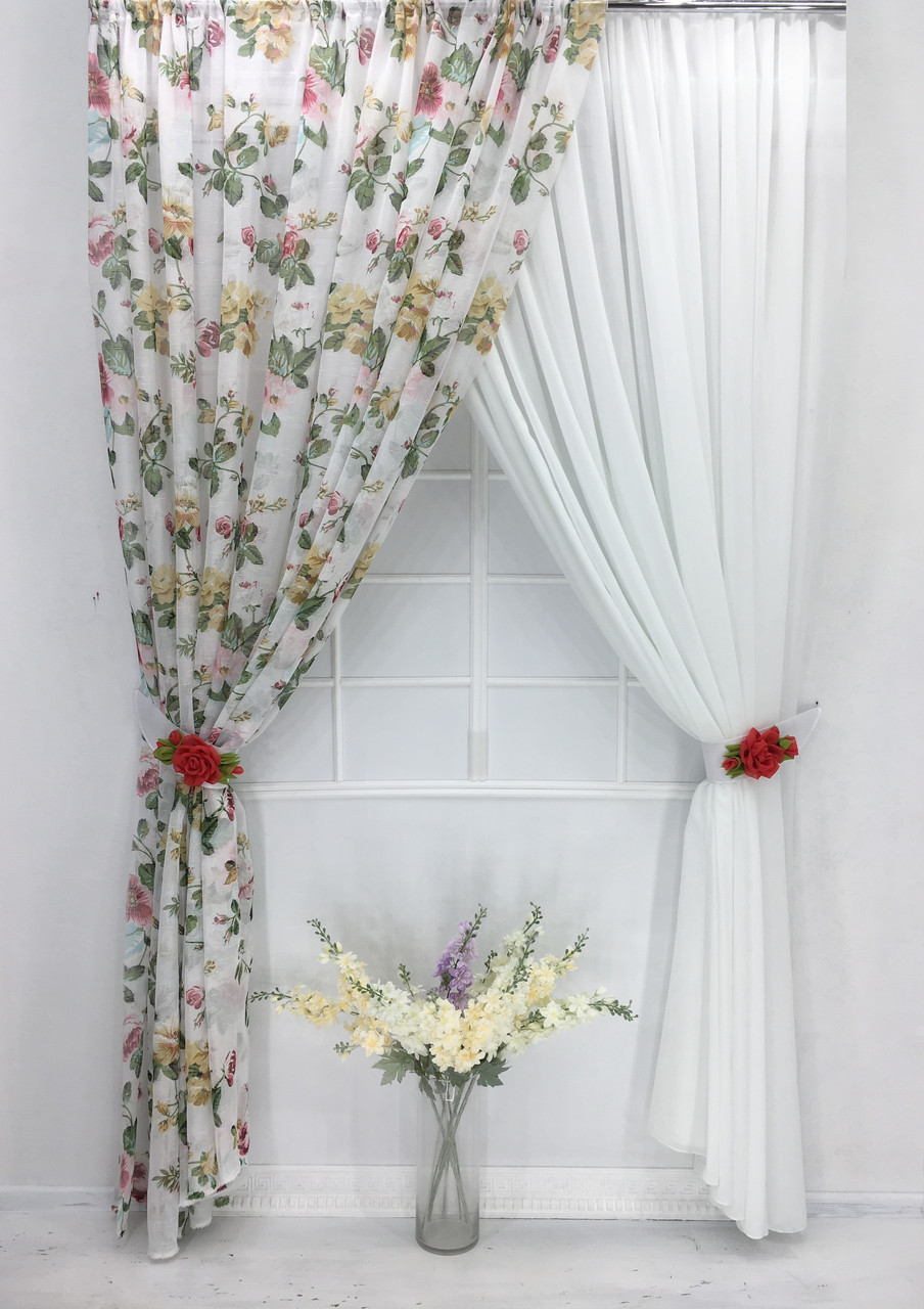 Комплект тюлів Троянди Червоні з подхватами (2шт 300 * 270см і підхвати)