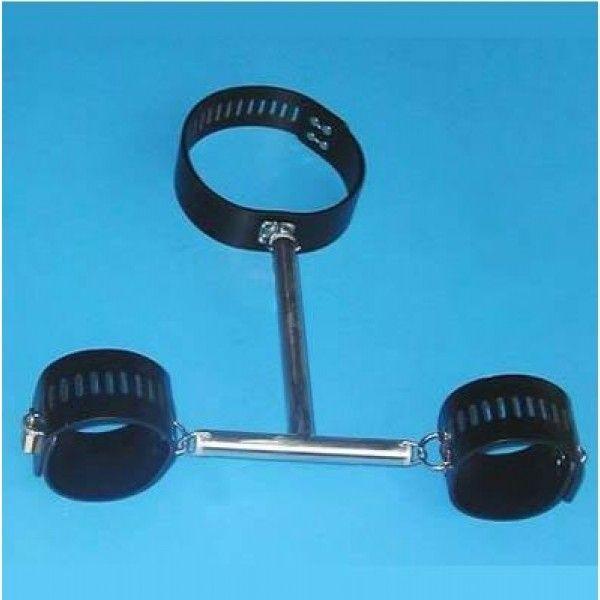 Чорний Шкіряний бондаж для фіксації рук з металевою розпіркою і нашийником Bdsm4u Кайф, фото 1