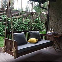 Садові гойдалки дерев'яні, підвісний диван-гойдалка з перголой з дерева