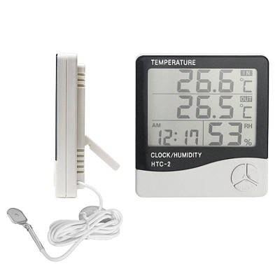 Електронний цифровий термометр гігрометр з виносним датчиком і годинником Ketontek НТС-2