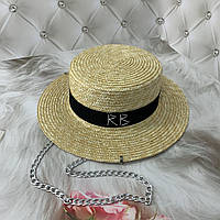 Летняя соломенная шляпа канотье с цепью и пирсингом (поля 7 см, серебро)