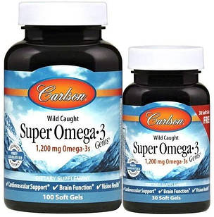 Карлсон Омега-3 Carlson Labs Wild Caught Super Omega-3 Gems 100+30 гелевих капсул 1200 mg