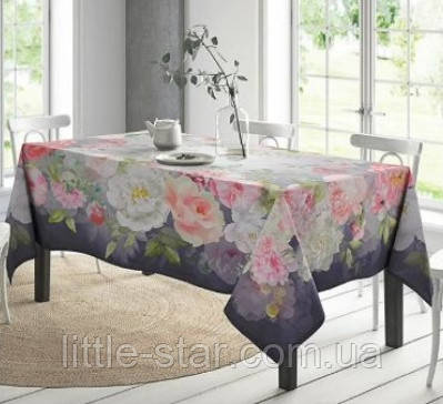 Скатертина водовідштовхувальна 144*314 см, Півонії, Тиротекс, 100% бавовна, бузковий