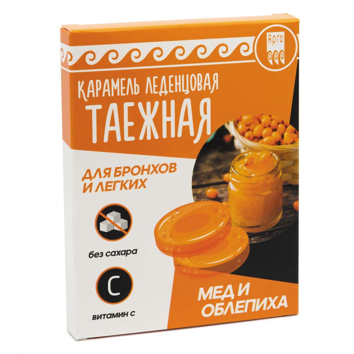Карамель льодяникова «Тайгова» для бронхів і легенів, мед і обліпиха Арго 10 шт (віруси, бронхіт, відхаркувальну)