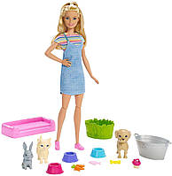 Кукла Барби Купай и играй с щенком, котенком и кроликом Barbie Wash Pets FXH11