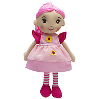 Мягкая игрушка кукла с вышитым лицом, 36 см, один желтый цветок, розовое платье (861071-3)