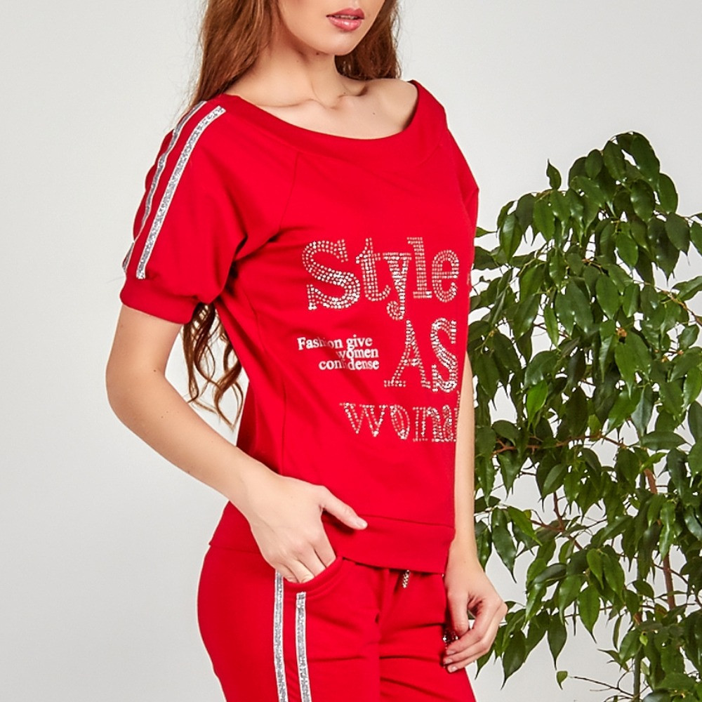 Літній турецький спортивний костюм жіночий з лампасами №8897 червоний
