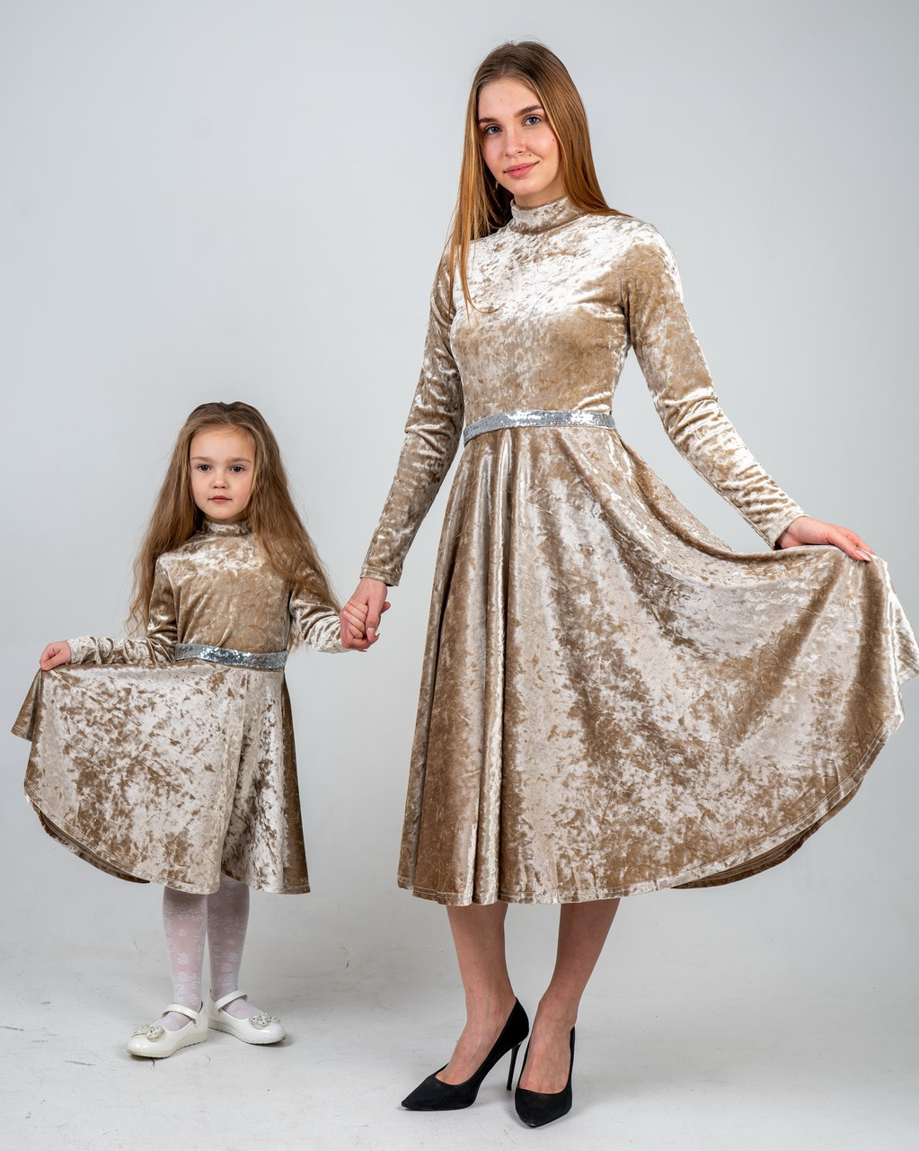 Набор Family look: сукні велюрові бежеві, фото 1