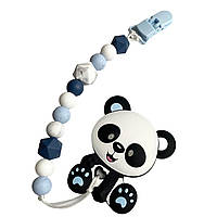 Панда бебі блю, Іменний силіконовий гризунок, прорізувач для зубів, тримач пустушки