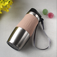 Бежева термокружка  380 мл з нержавіючої сталі з ремінцем