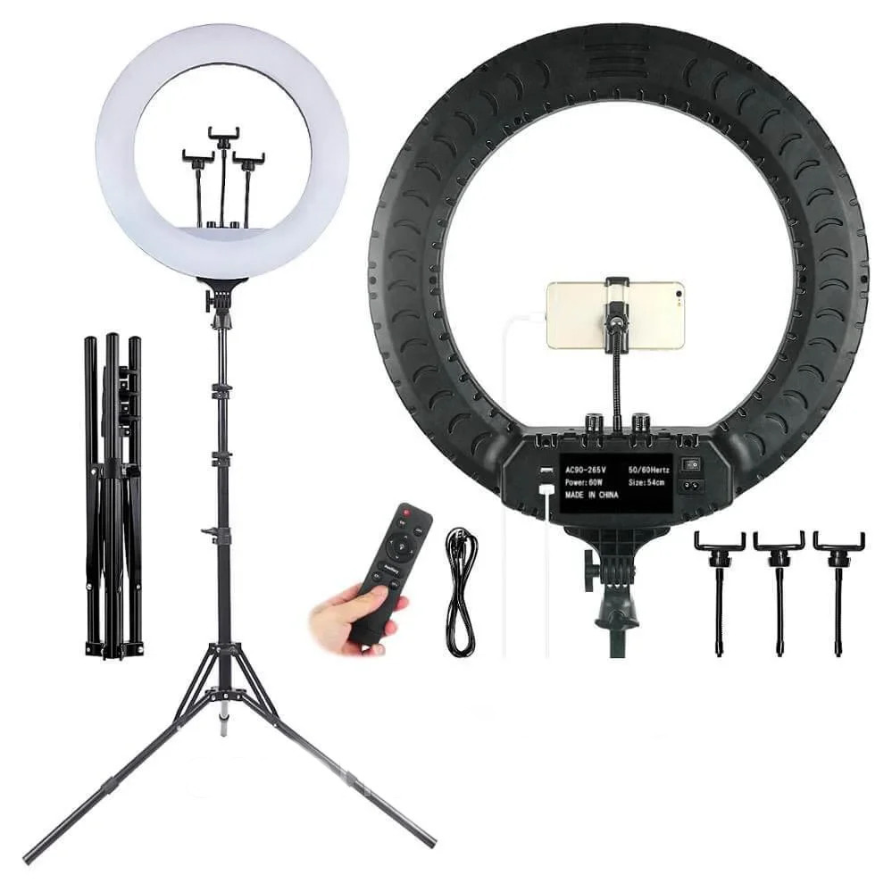 Кільцева LED лампа ZB-F488 55 см Селфі кільце зі штативом сумкою і пультом з трьома тримачами для телефонів, фото 1
