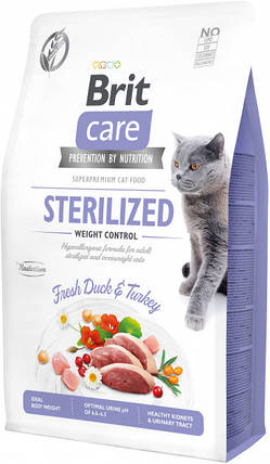 Сухий корм Brit Care Cat GF Sterilized Weight Control для стерилізованих котів/контроль ваги (качка, індичка) 2 кг, фото 3