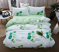 Качественный сатиновый комплект постельного белья бело-зеленого цвета