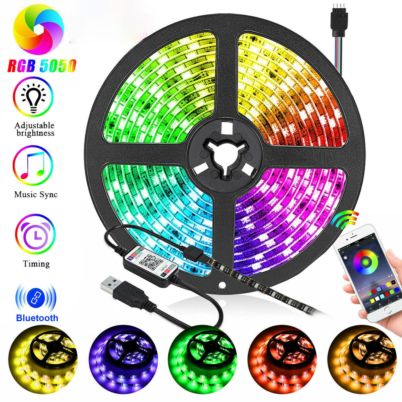 Світлодіодна стрічка 5v usb led 5050 bluetooth RGB 5 метрів різнобарвна (керування через телефон)