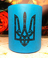 Чашка "Тризуб", флуоресцентне скло, блакитна