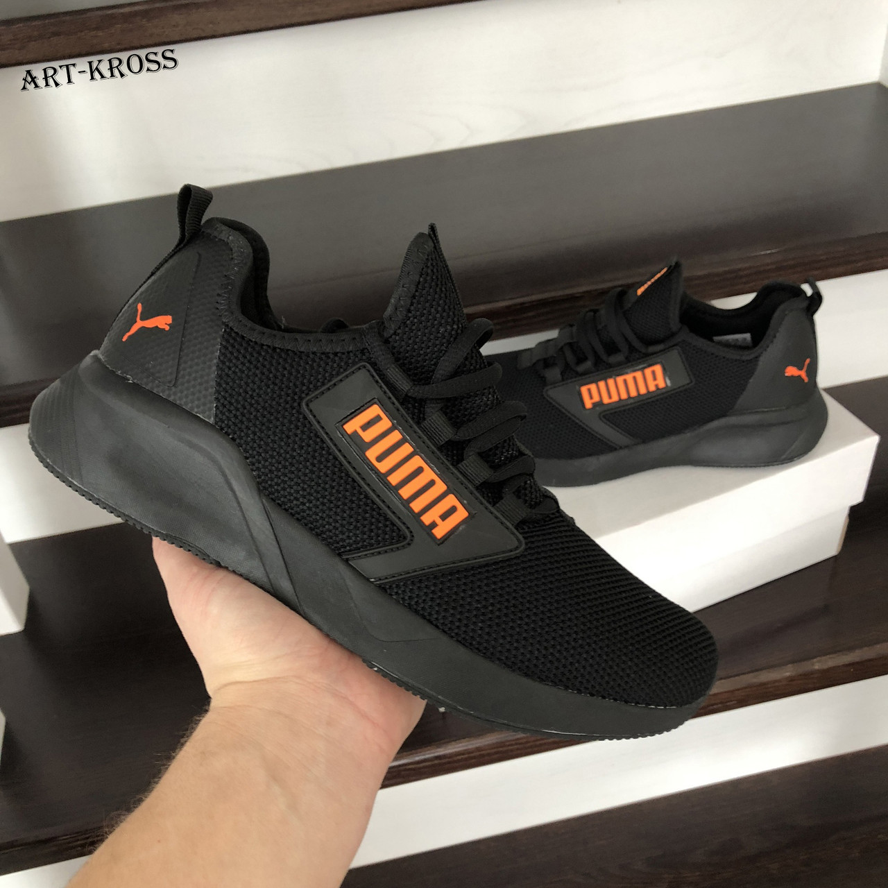 Чоловічі кросівки Puma сіточка стильні молодіжні чорні з помаранчевим