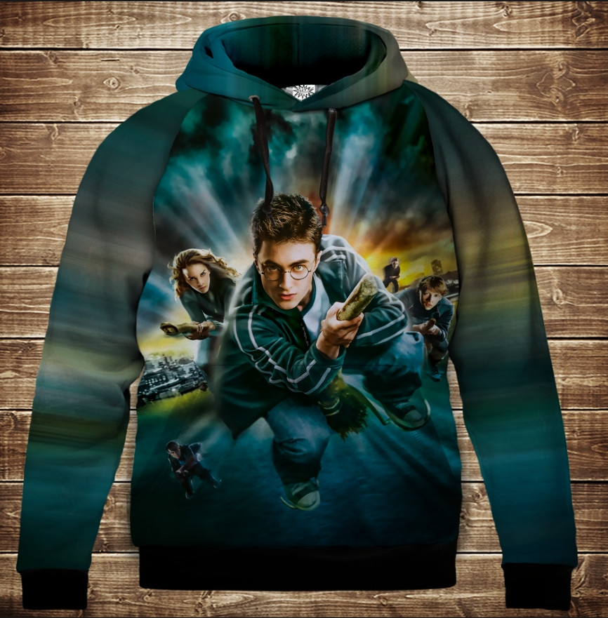 Толстівка з 3D принтом Гаррі Поттер, Рон і Герміона в польоті на мітлах Дитячі і дорослі розміри. ВСІ Розміри, фото 1