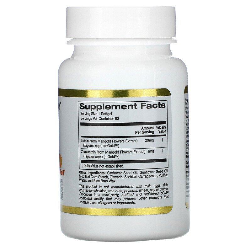 Харчова добавка California Gold Nutrition Lutein with Zeaxanthin 20 mg 60 Softgels - фото 2 - id-p1377634576