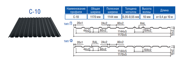 Профнастил С-10 П чертеж Профнастил стеновой (фасадный) С-10 чертеж