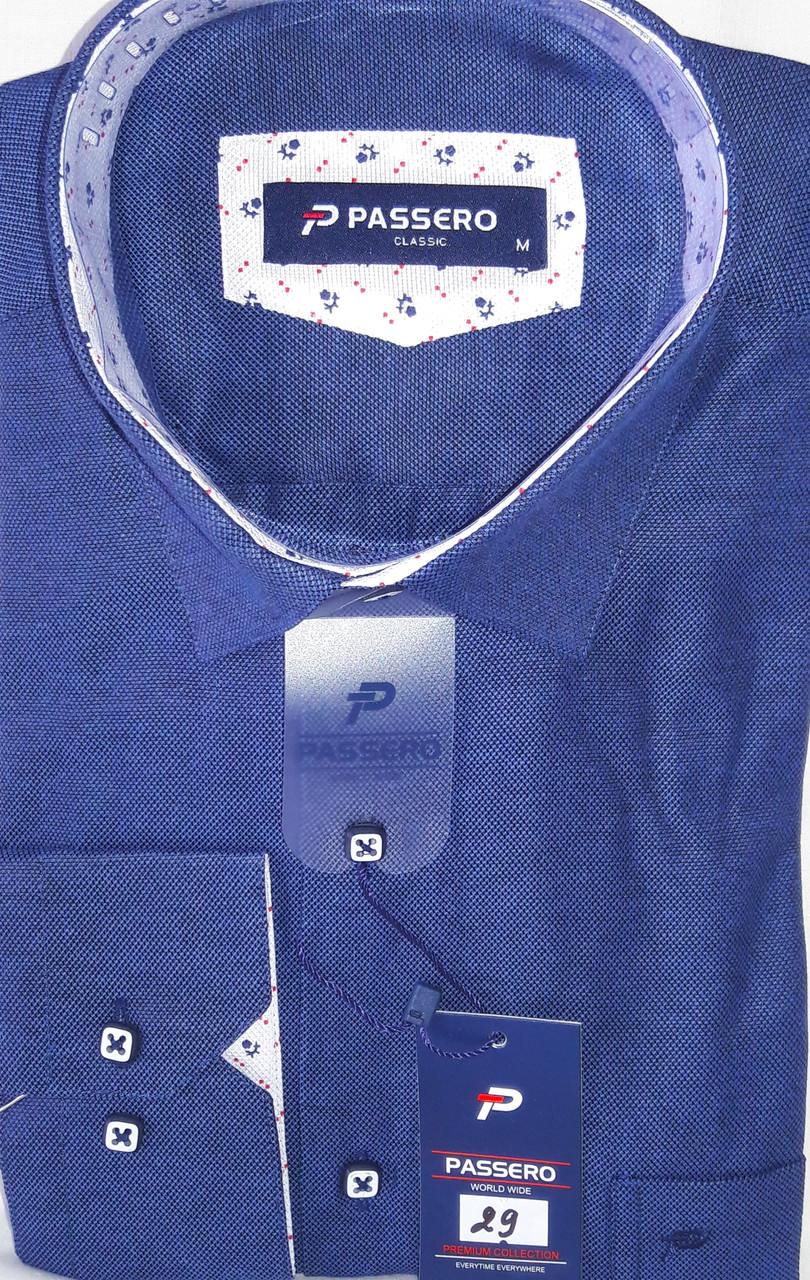 Сорочка чоловіча Passero vd-0029 синя однотонна комбінована класична Туреччина текстиль оксфорд