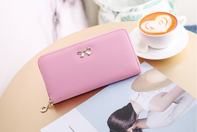 Клатч, гаманець жіночий «For lady» прямокутний з бантиком на блискавці (рожевий)