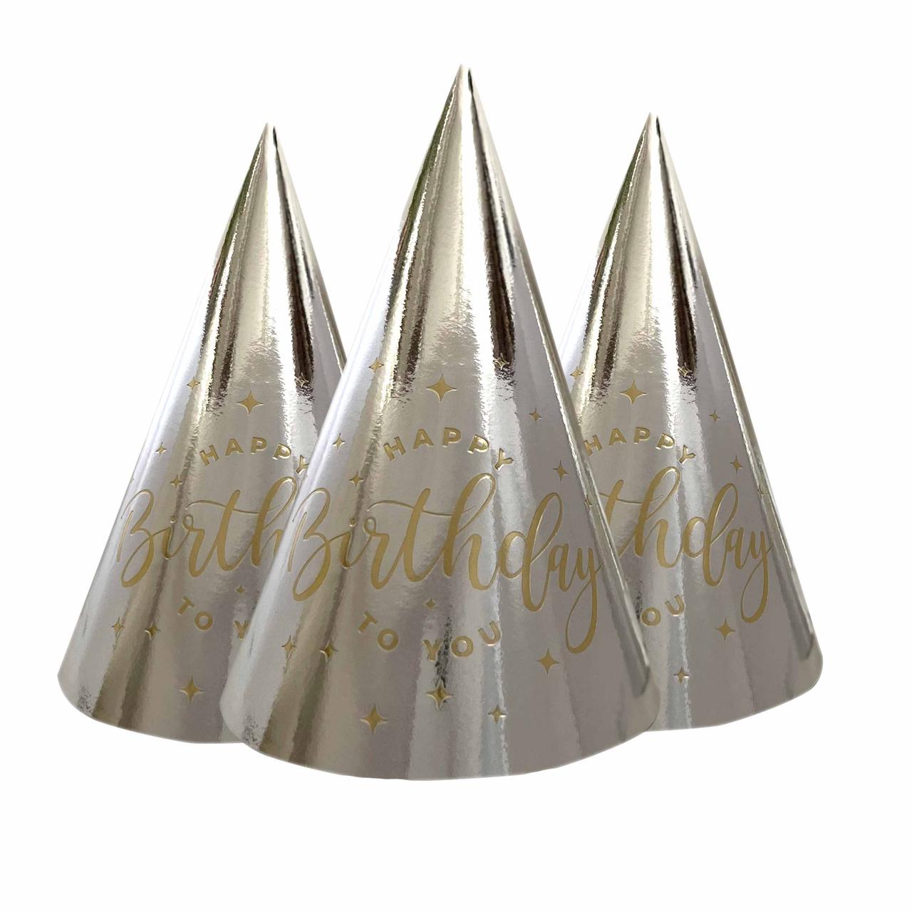 Ковпак святковий Хром "HappyBirthday" 15 см, срібло "Silver" 10шт/упаковка