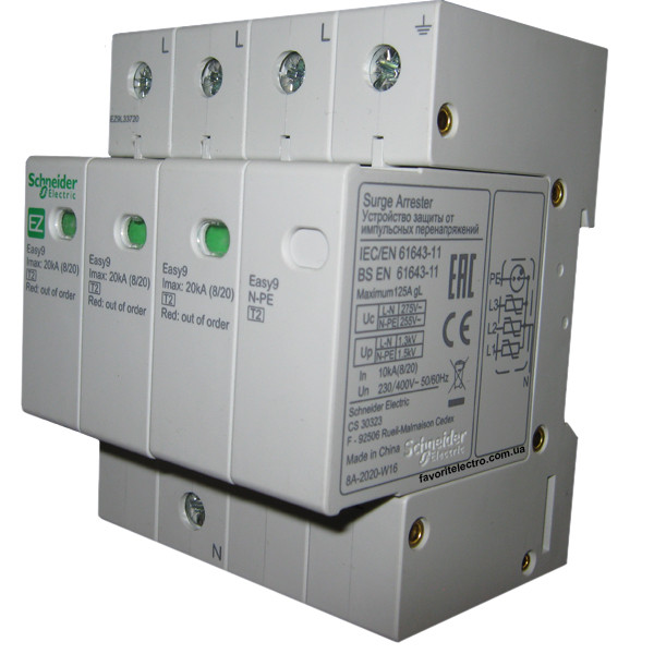 ПЗІП Пристрій захисту від імпульсної перенапруги 3p+N 20кА 1,3 кВ Easy9 Schneider Electric