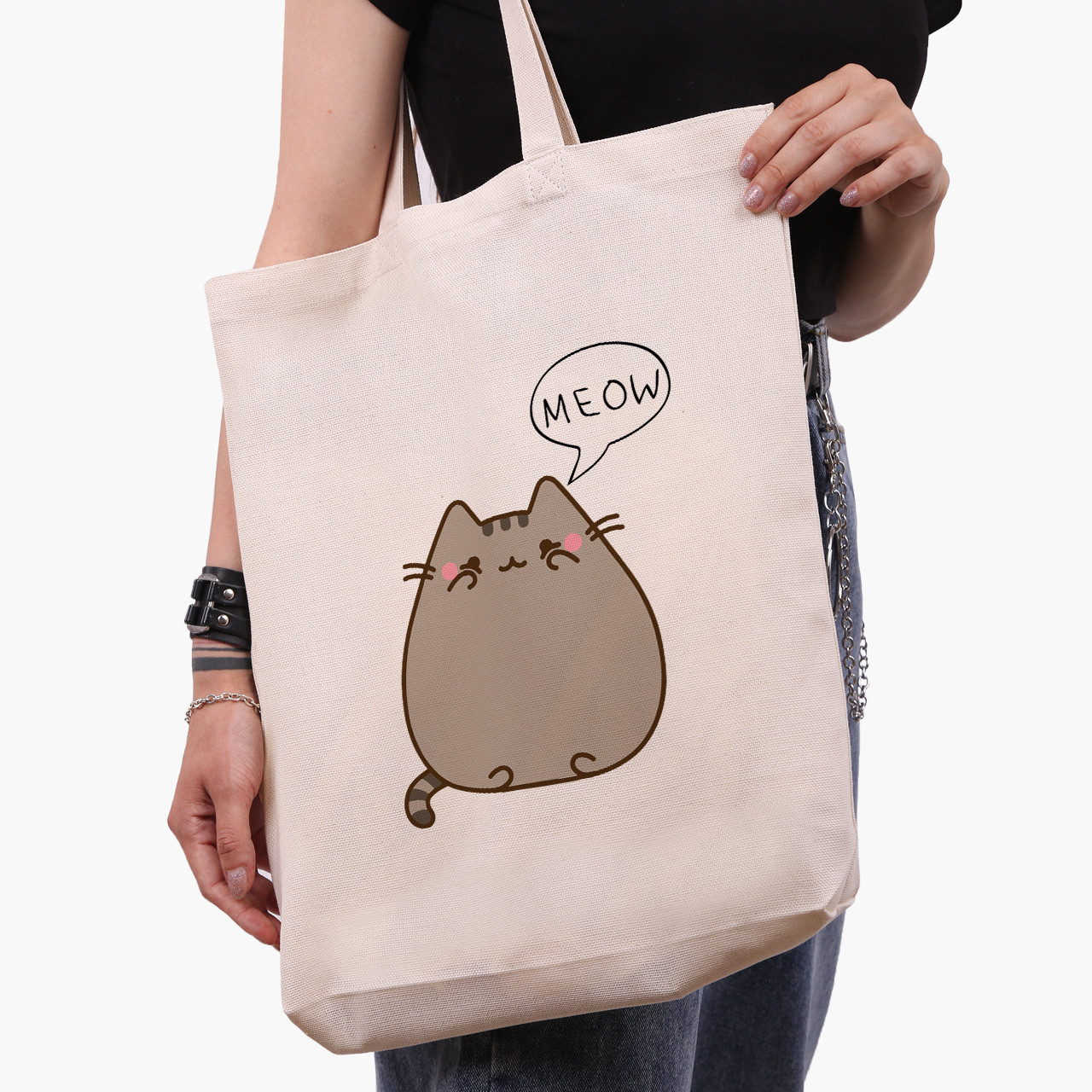 Еко сумка Кіт Пушин (Pusheen Cat) бежева з широким дном канвас