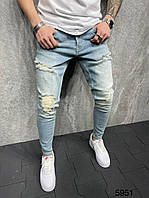 Молодіжні чоловічі модні джинси завужені рвані блакитні | Штани штани узкачи повсякденні якісні