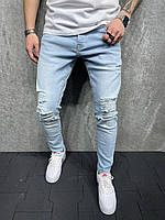Молодежные мужские модные джинсы зауженные рваные светло голубые | Штаны узкачи повседневные качественные