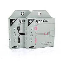 Перехідник 2 в 1 KY-174 Type-C(M) =>Type-C(F) + Jack 3.5mm(F), 5см, White/Pink, Box