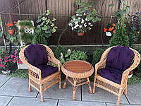 Комплект меблів для саду з дерева і лози 2 крісла Стандарт + кавовий столик Гриб круглий Woody Світле дерево