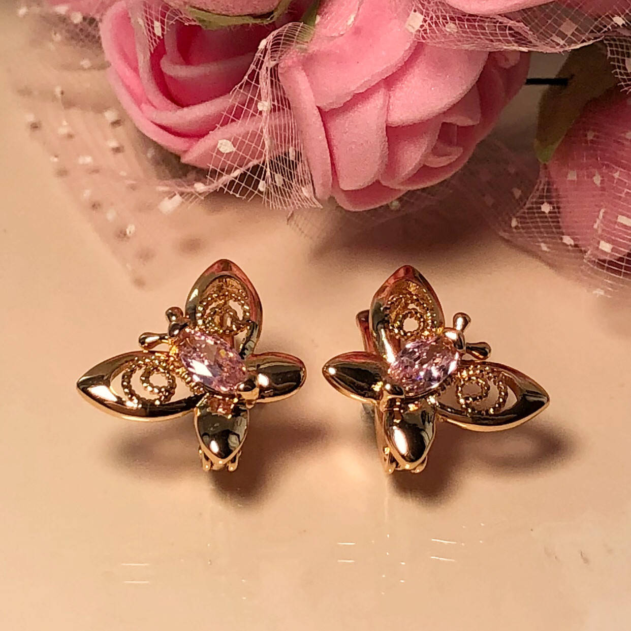 

Серьги ЕА 1742, Розовый фианит, Размер 16*15 мм, позолота РО