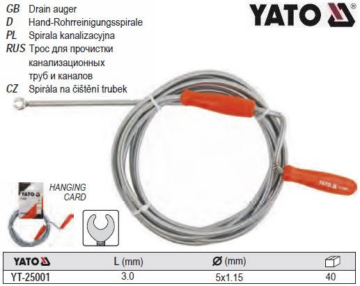 

Трос YATO Польша для чистки канализации труб Ø=5 мм l=3 м YT-25001