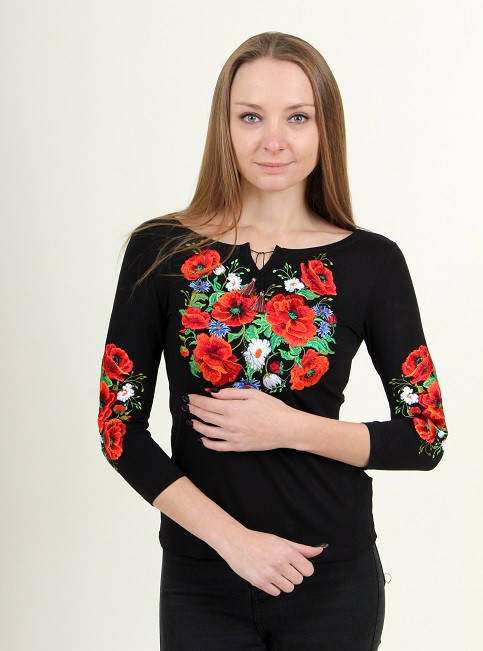 

Черная Женская Вышиванкка футболка рукав три четверти, Черный