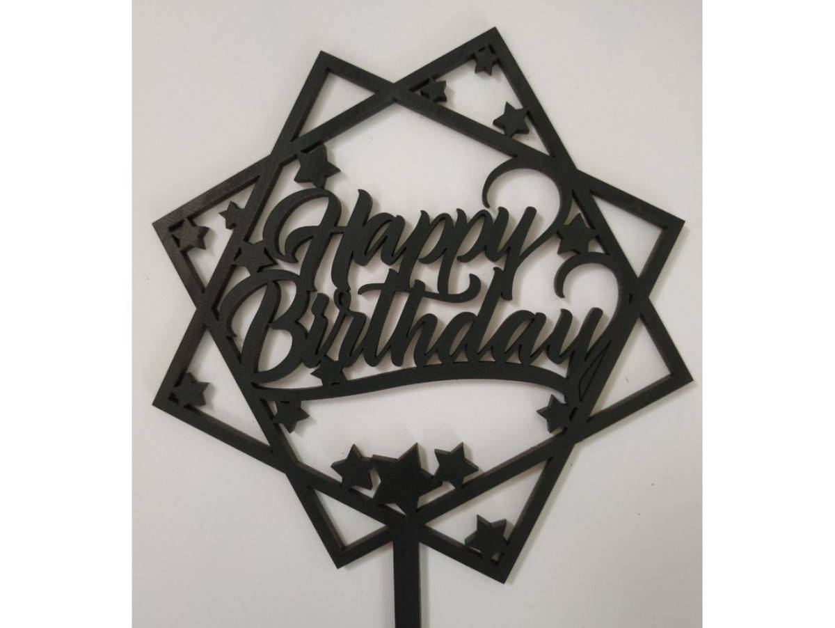 

Топпер деревянный черный квадратный "Happy Birthday" со звездами 1 шт.