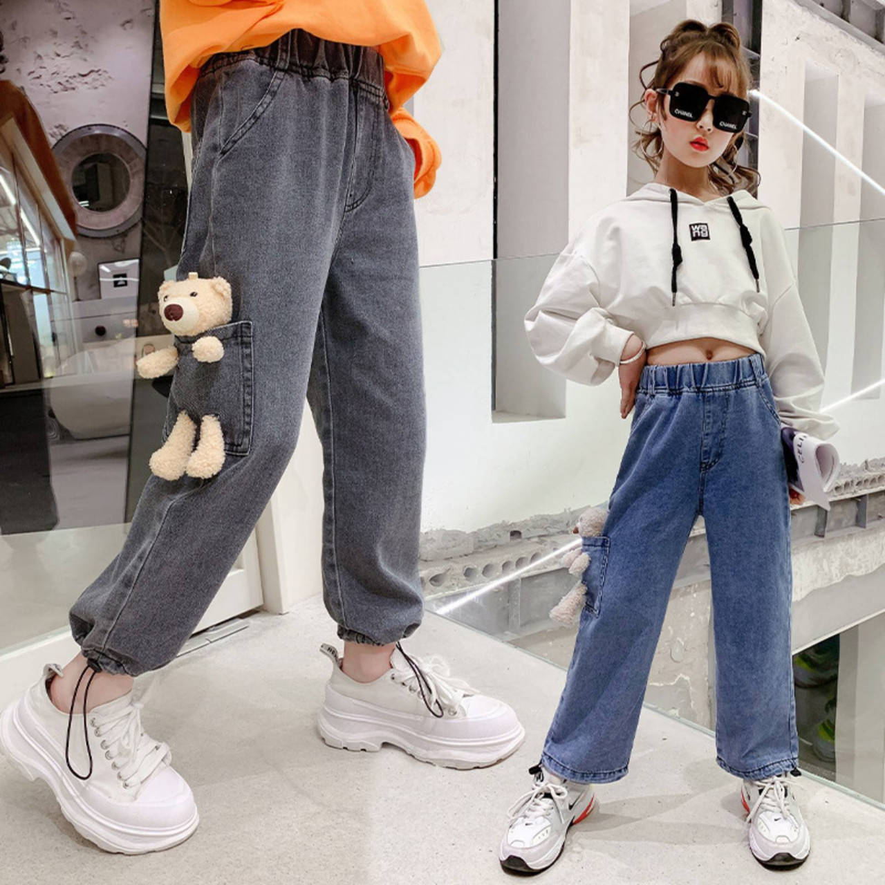 

Стильные джинсы на девочку Высокая посадка Игрушка в комплекте, Синий