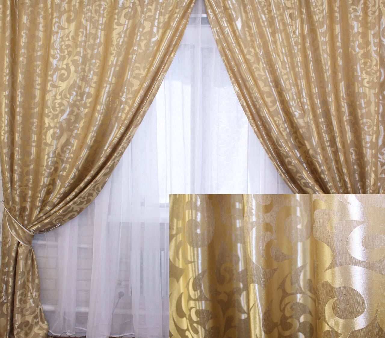

Шторы (2шт. 1,5х2,75м.), ткань жаккард "Вензель". Цвет золотой. Код 091ш 30-014, Золотистый