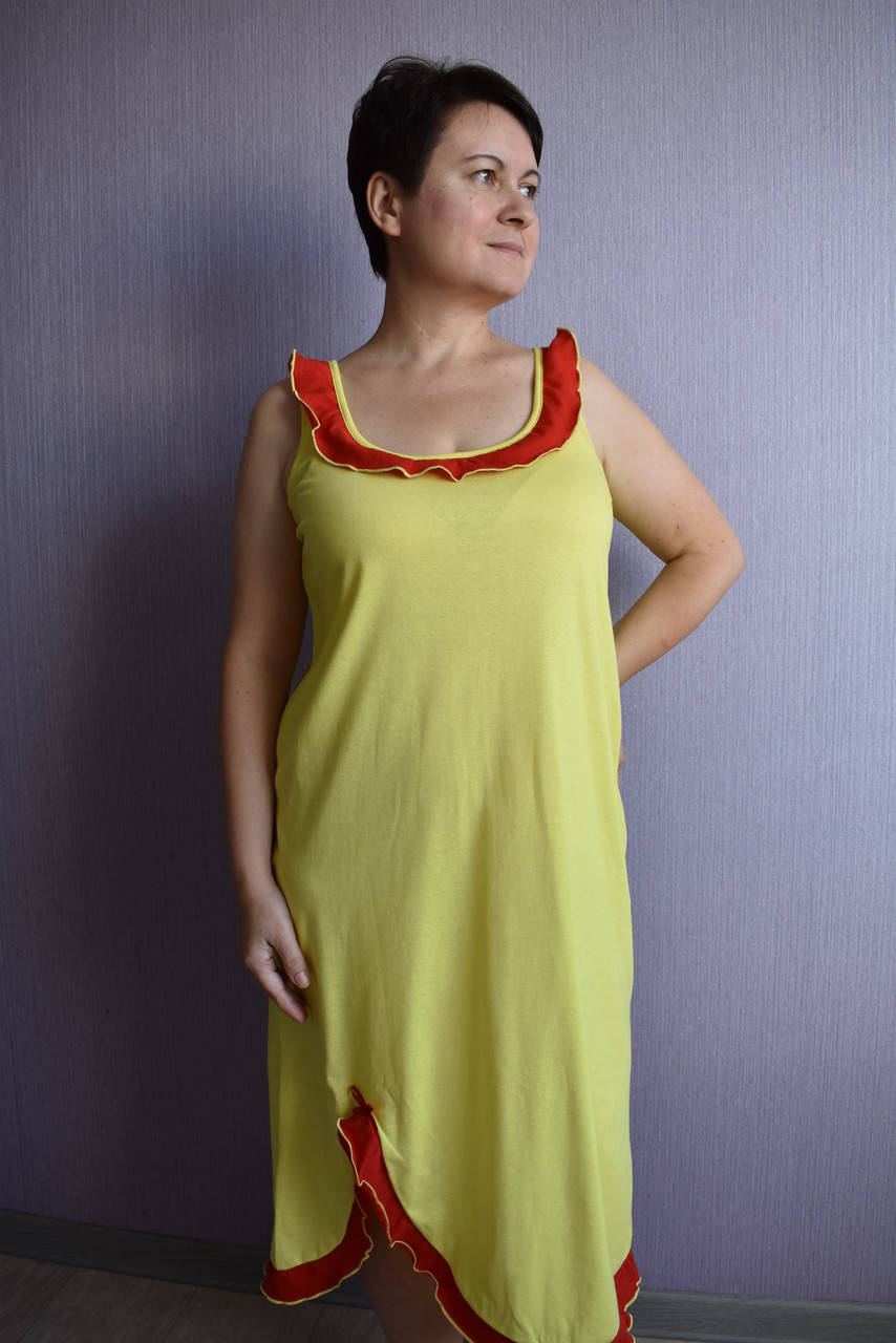 

Домашний сарафан лимонный с красным рюшем Анжелика