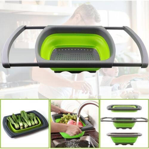 

Складний силіконовий кошик Folding Cup JM-608-1 Green для миття фруктів і овочів з розсувними ручками Друшлаг, Зелёный