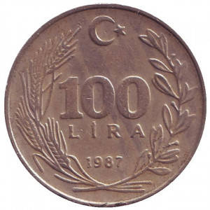 

Монета 100 лир. 1987,89 год, Турция.(Г)