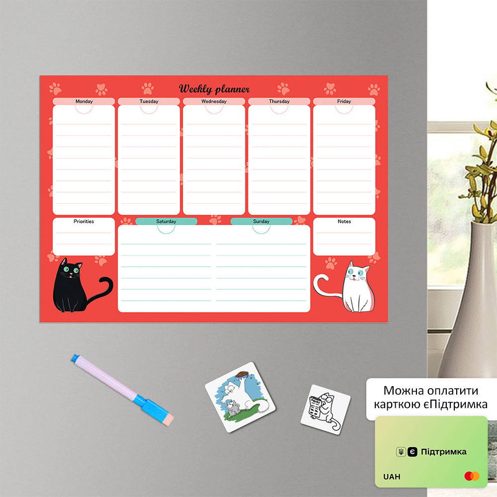 

Магнитный планер "Weekly Planner" Cats, 21*30 cm (календарь на неделю пиши-стирай, ежедневник)