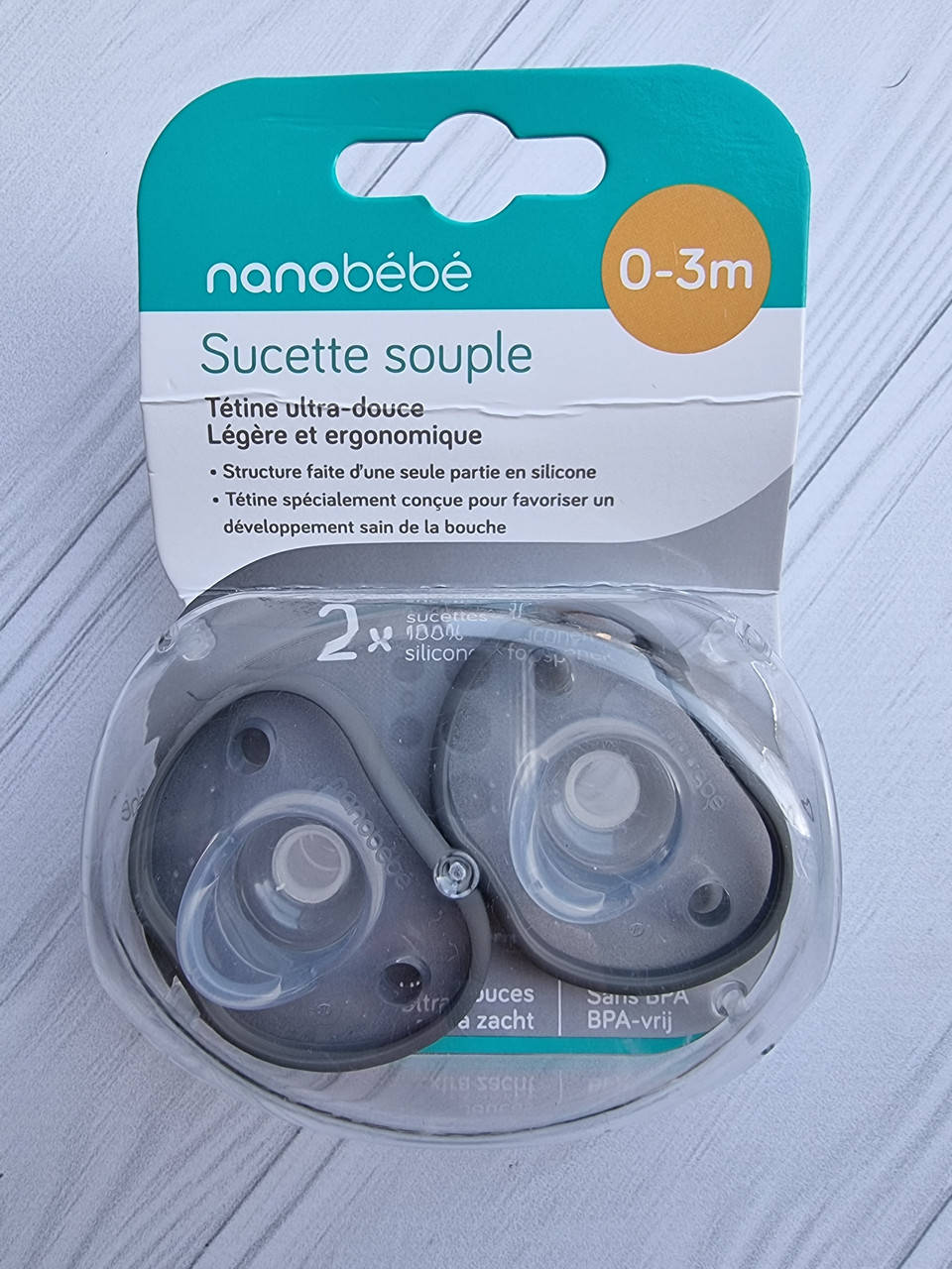 

Nanobebe (США) Мягкая соска - пустышка 0-3 мес, серая, 2 шт, Серый