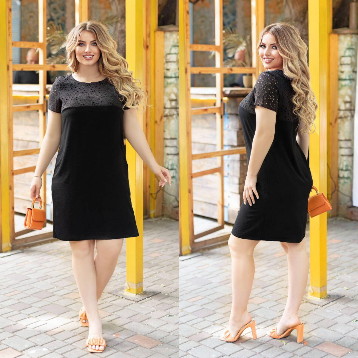 

Комбинированное летнее жатое платье со вставкой прошвы сверху, батал большие размеры