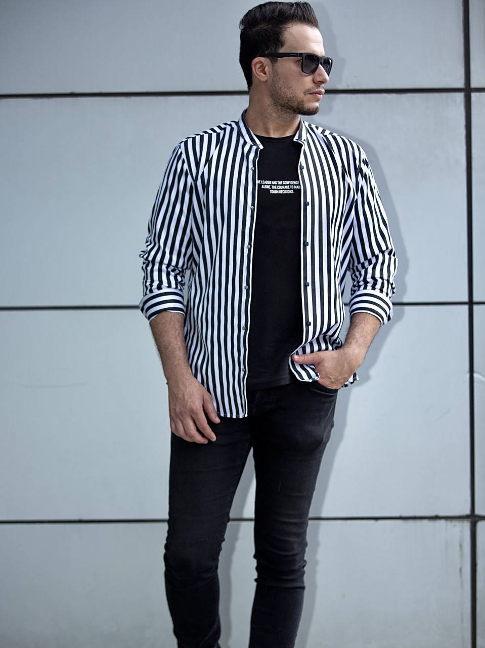 

Мужская Изысканная рубашка в черно-белую полоску с воротом стойка S, M, L, XL, XXL, Белый