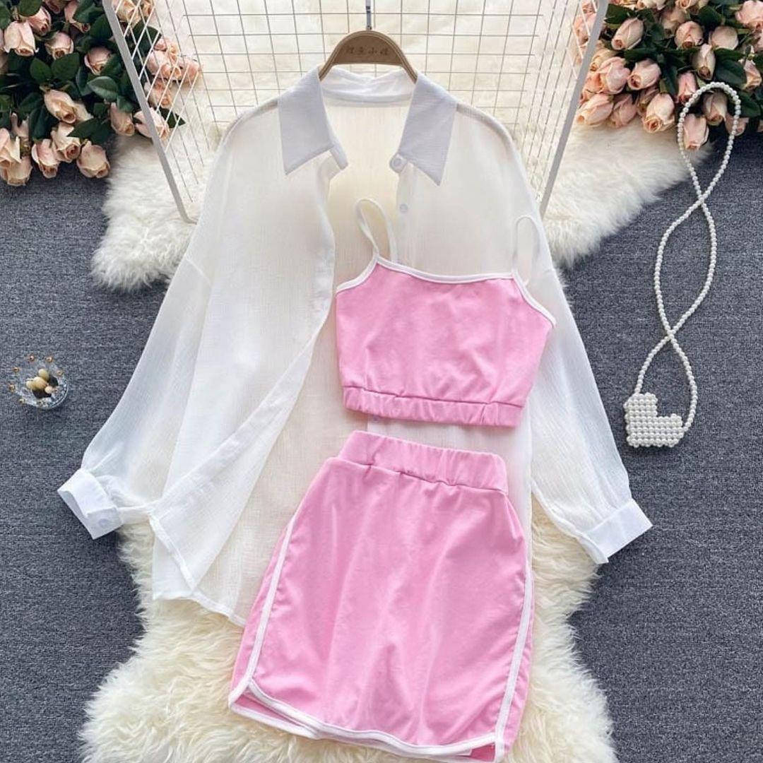 

Женский летний юбочный костюм в спортивном стиле с рубашкой 48, Розовый